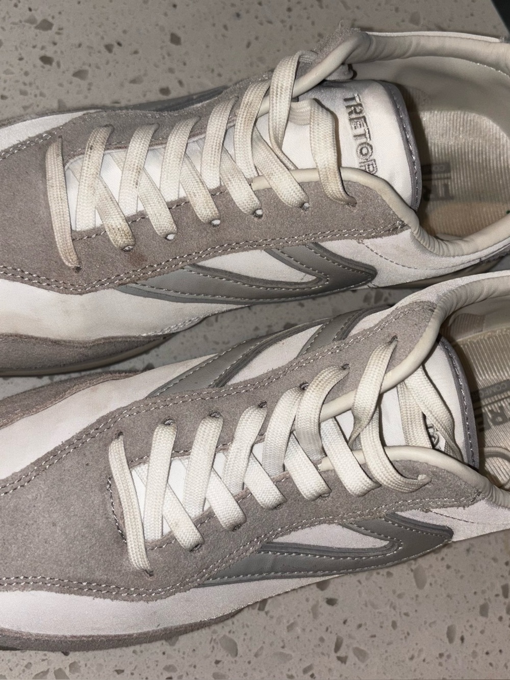 Tretorn Rawlings Low-Profile Sneakers in White and Light Gray Suede